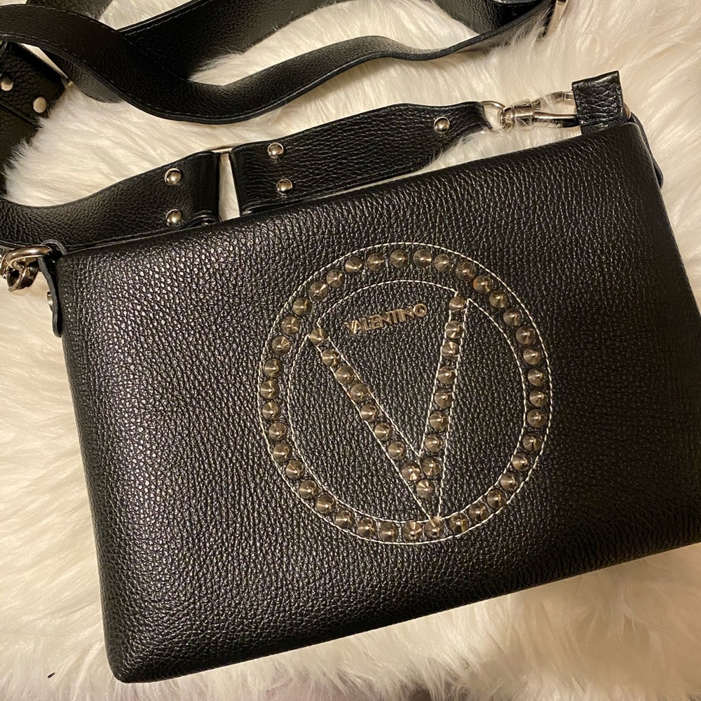 Valentino Black Pebbled Leather Crossbody with Studded V Emblem